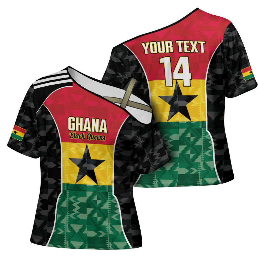 Ghana Football Custom Cross Shoulder Shirt Go Black Queens Kente Pattern