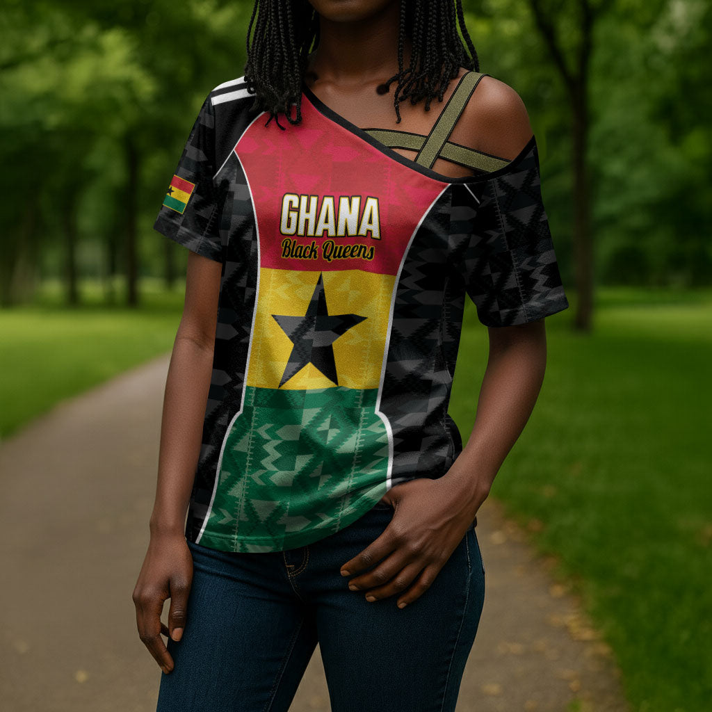 Ghana Football Custom Cross Shoulder Shirt Go Black Queens Kente Pattern