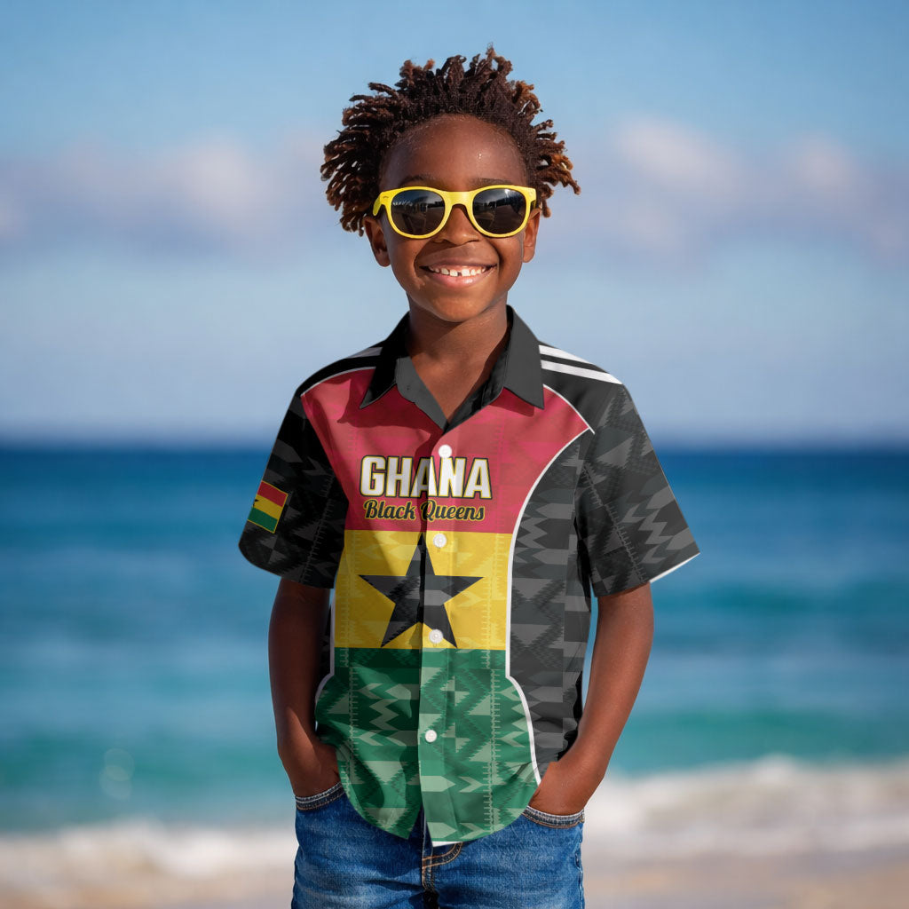 Ghana Football Custom Kid Hawaiian Shirt Go Black Queens Kente Pattern