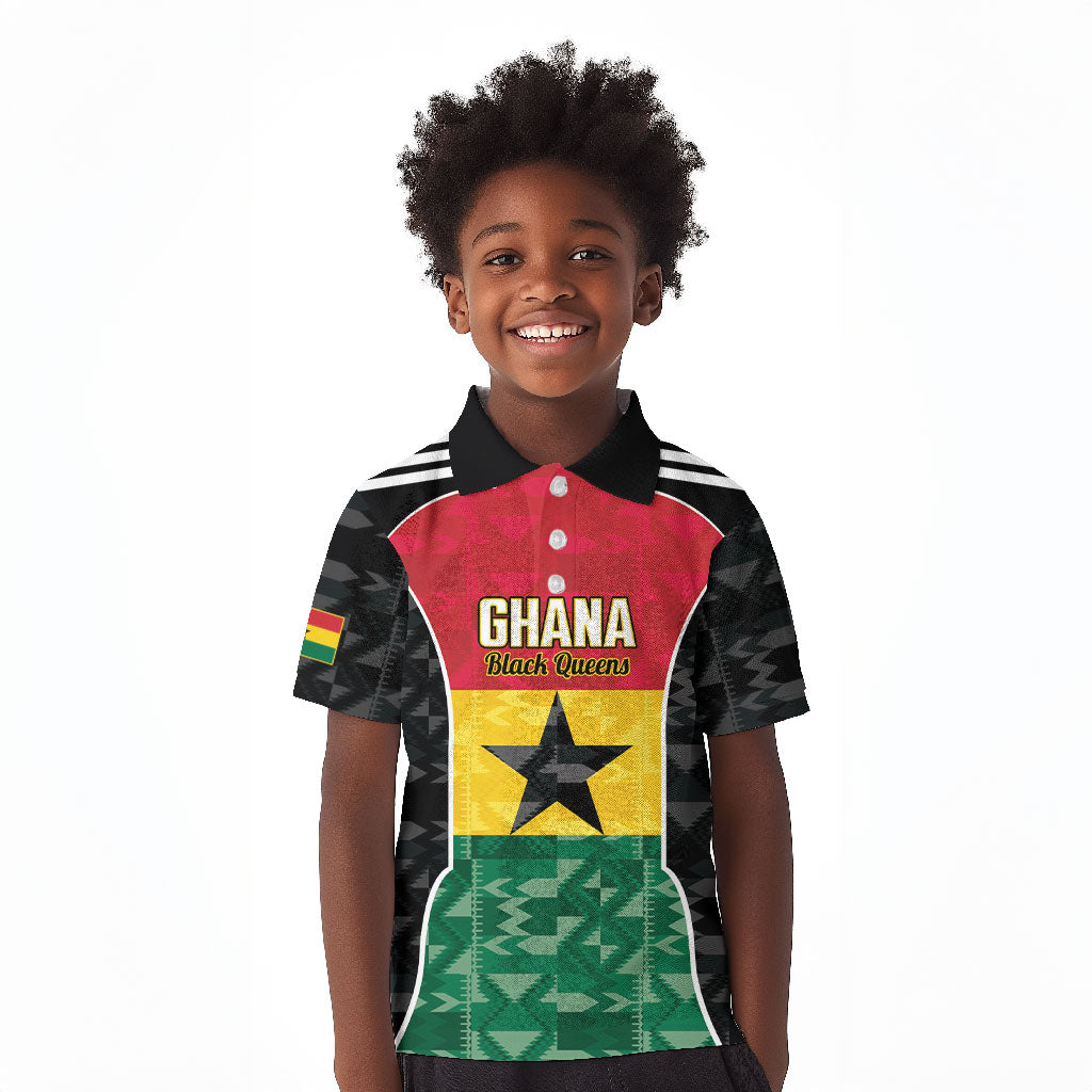 Ghana Football Custom Kid Polo Shirt Go Black Queens Kente Pattern