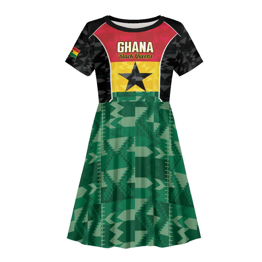 Ghana Football Custom Kid Short Sleeve Dress Go Black Queens Kente Pattern