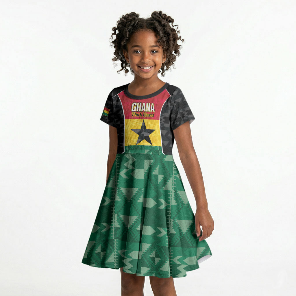 Ghana Football Custom Kid Short Sleeve Dress Go Black Queens Kente Pattern