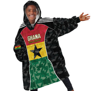 Ghana Football Custom Kid Wearable Blanket Hoodie Go Black Queens Kente Pattern