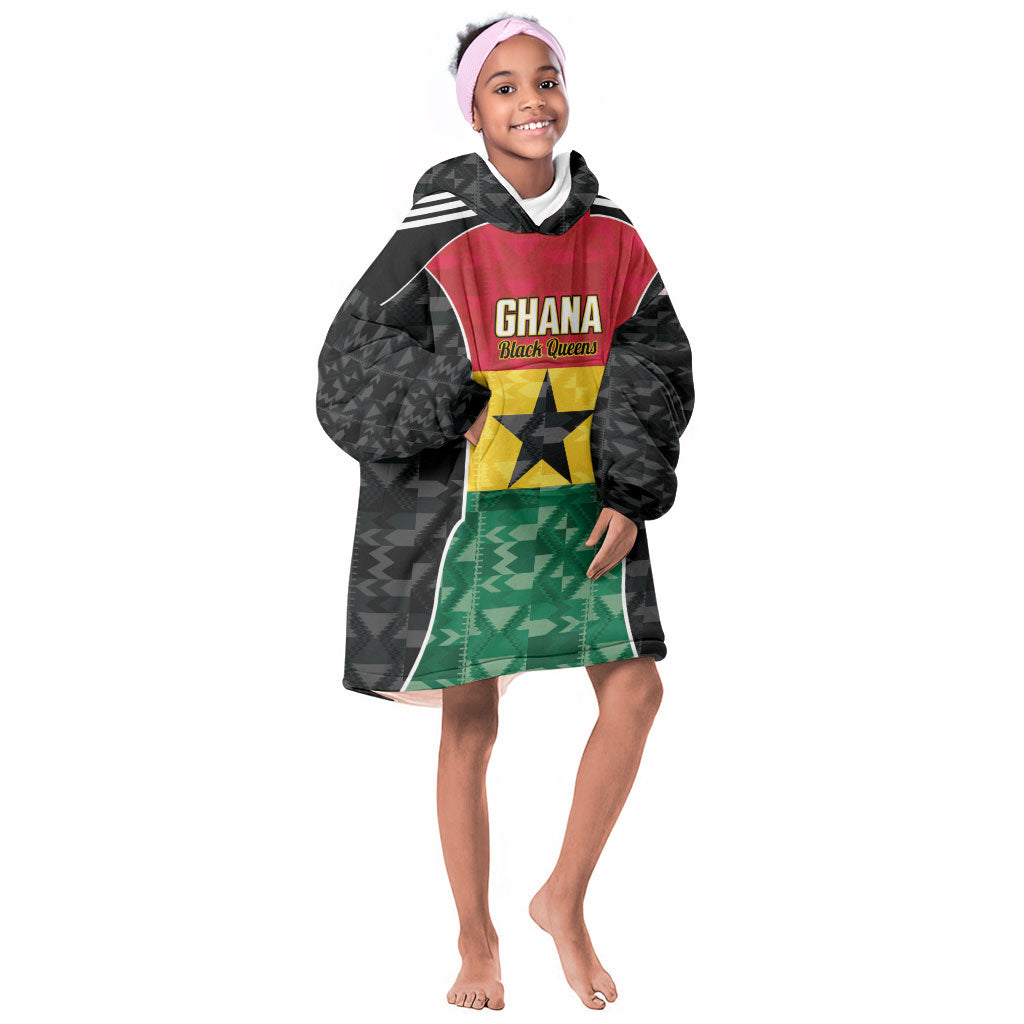 Ghana Football Custom Kid Wearable Blanket Hoodie Go Black Queens Kente Pattern