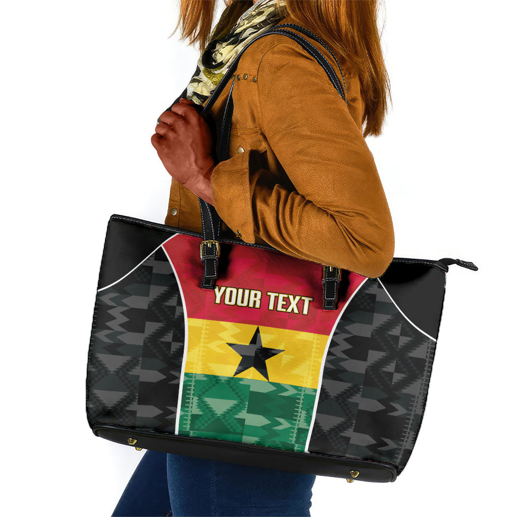 Ghana Football Custom Leather Tote Bag Go Black Queens Kente Pattern