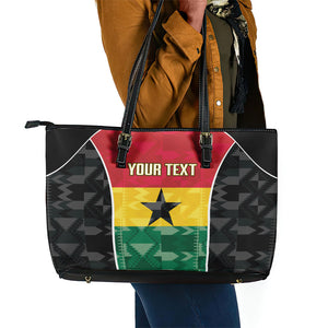 Ghana Football Custom Leather Tote Bag Go Black Queens Kente Pattern