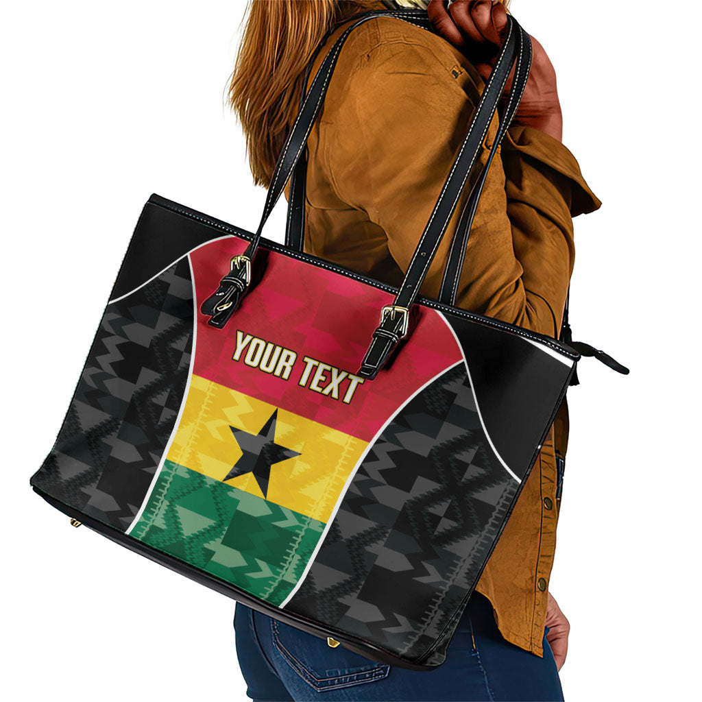 Ghana Football Custom Leather Tote Bag Go Black Queens Kente Pattern