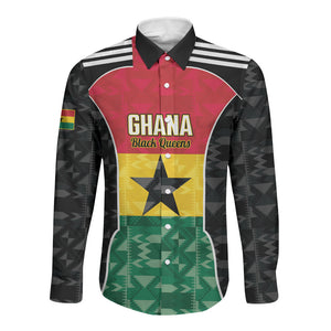 Ghana Football Custom Long Sleeve Button Shirt Go Black Queens Kente Pattern