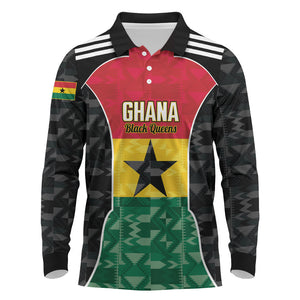 Ghana Football Custom Long Sleeve Polo Shirt Go Black Queens Kente Pattern