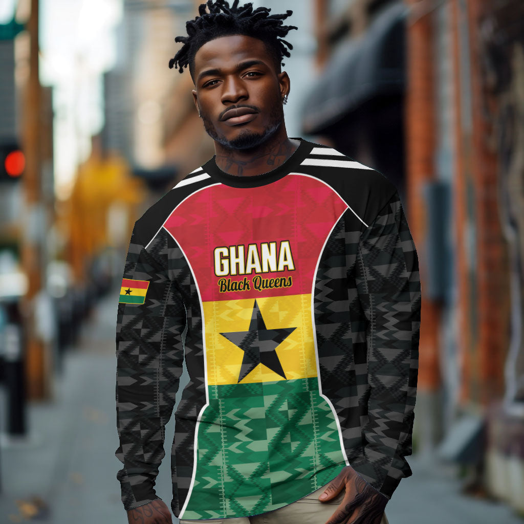 Ghana Football Custom Long Sleeve Shirt Go Black Queens Kente Pattern