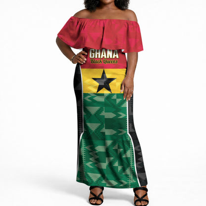 Ghana Football Custom Off Shoulder Maxi Dress Go Black Queens Kente Pattern