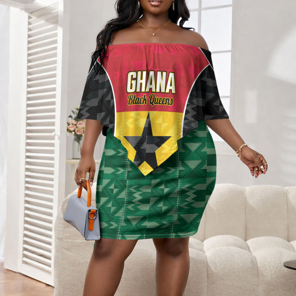 Ghana Football Custom Off Shoulder Short Dress Go Black Queens Kente Pattern