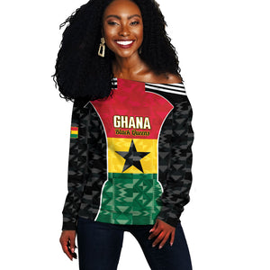 Ghana Football Custom Off Shoulder Sweater Go Black Queens Kente Pattern