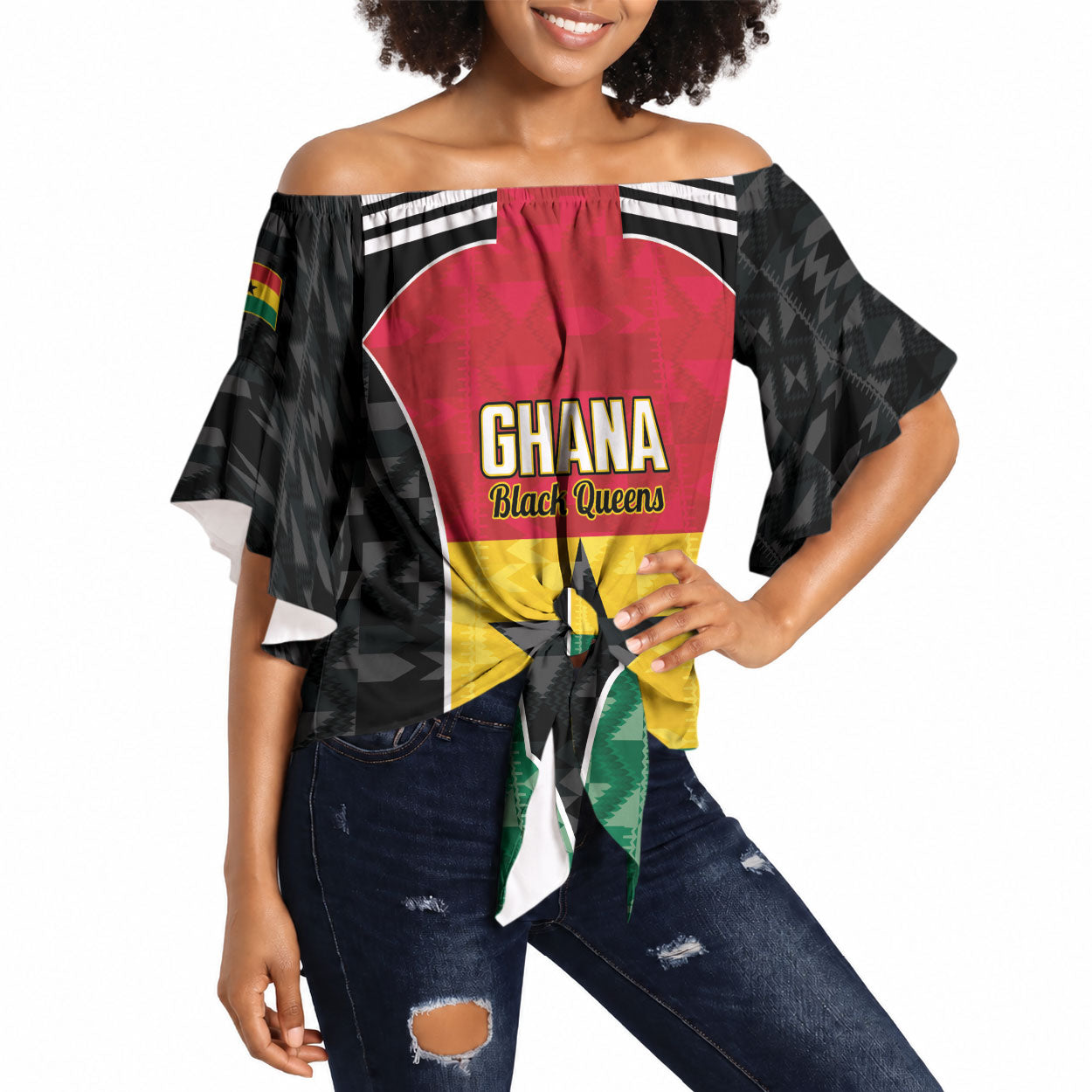Ghana Football Custom Off Shoulder Wrap Waist Top Go Black Queens Kente Pattern