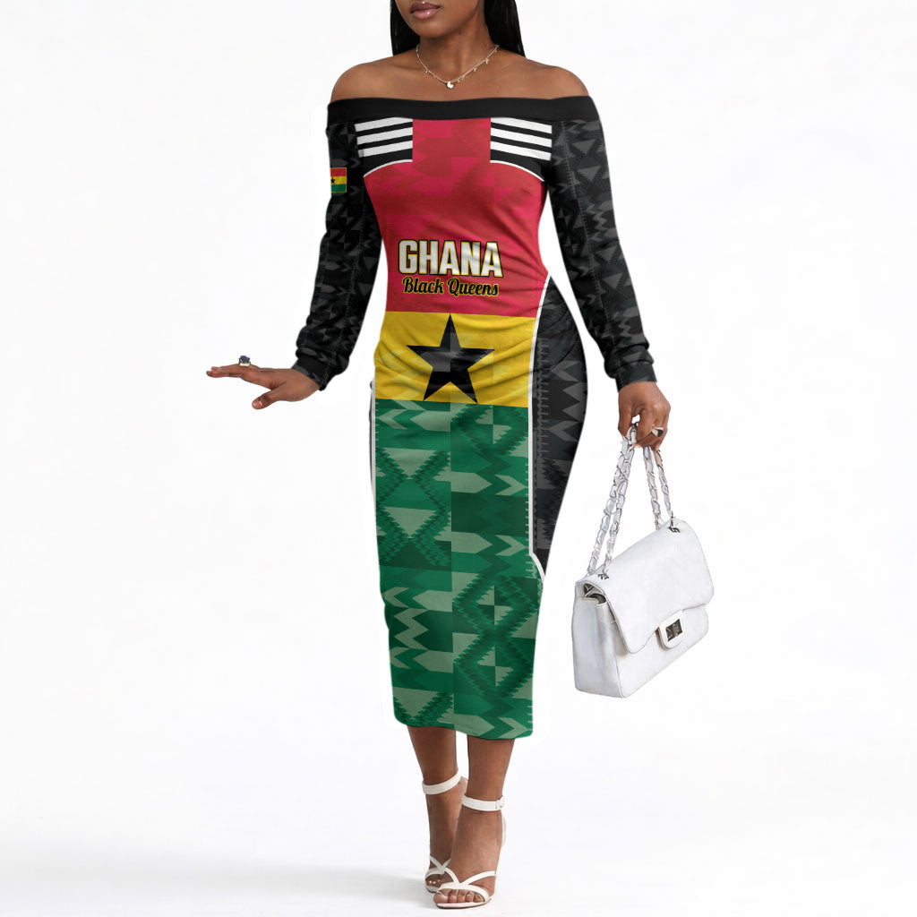 Ghana Football Custom Off The Shoulder Long Sleeve Dress Go Black Queens Kente Pattern