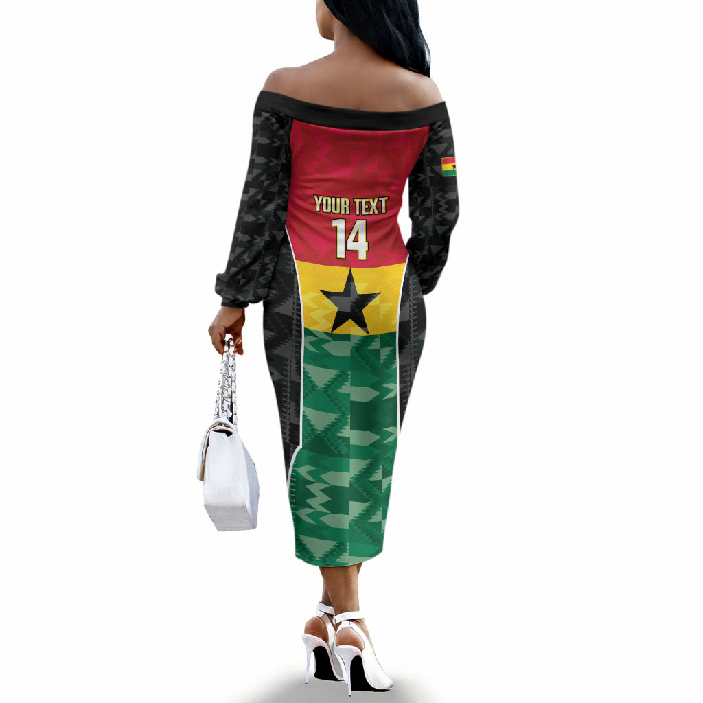 Ghana Football Custom Off The Shoulder Long Sleeve Dress Go Black Queens Kente Pattern