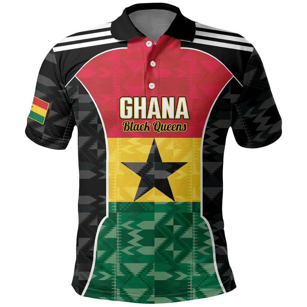 Ghana Football Custom Polo Shirt Go Black Queens Kente Pattern