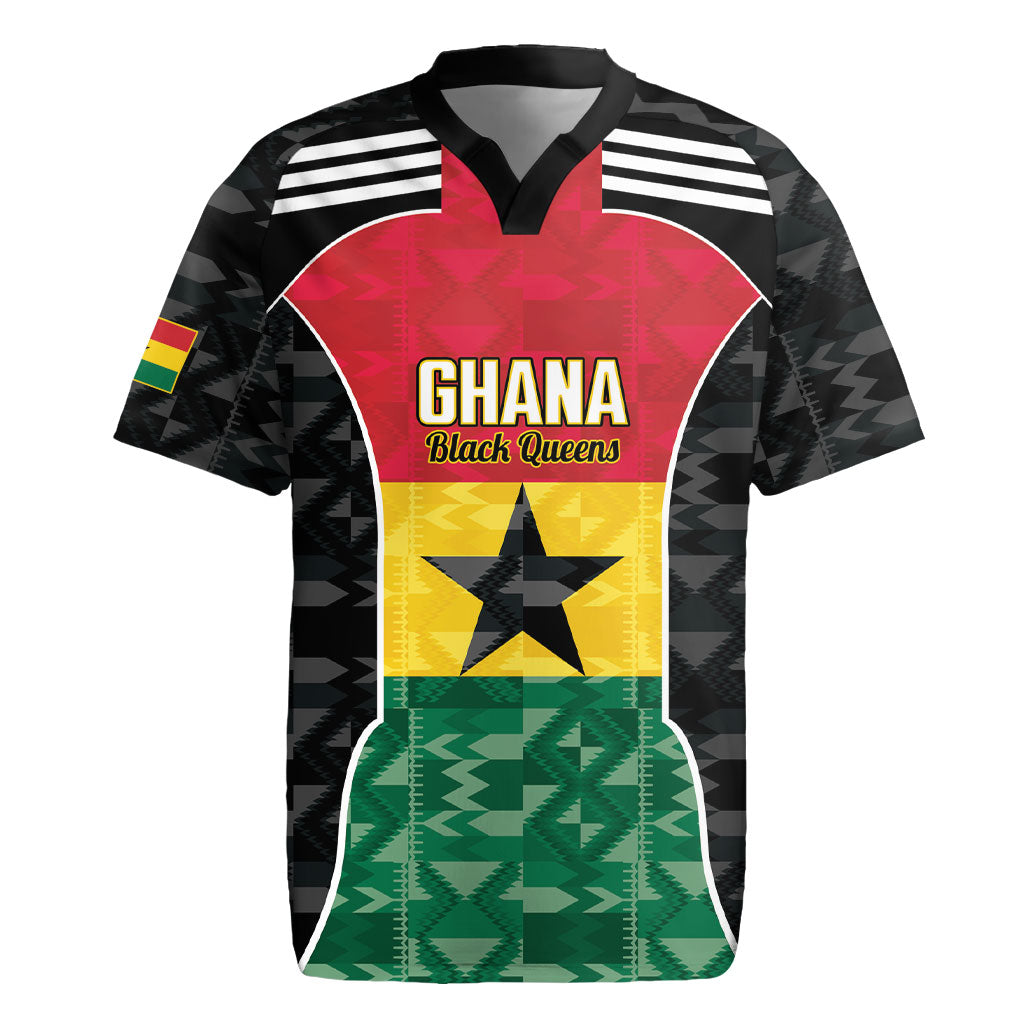 Ghana Football Custom Rugby Jersey Go Black Queens Kente Pattern