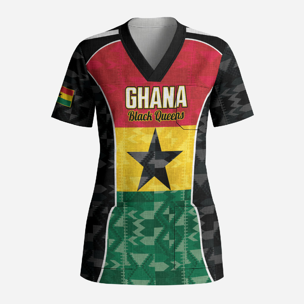 Ghana Football Custom Scrub Top Go Black Queens Kente Pattern