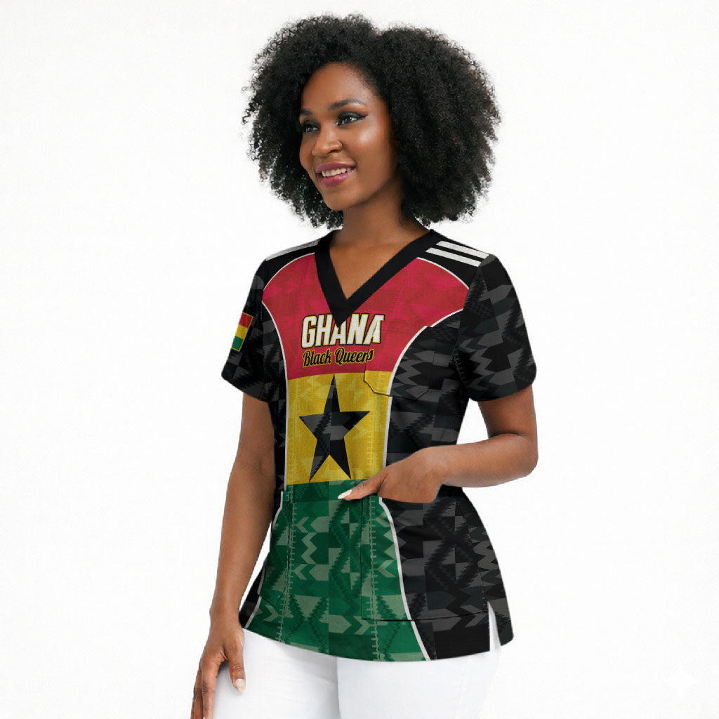 Ghana Football Custom Scrub Top Go Black Queens Kente Pattern