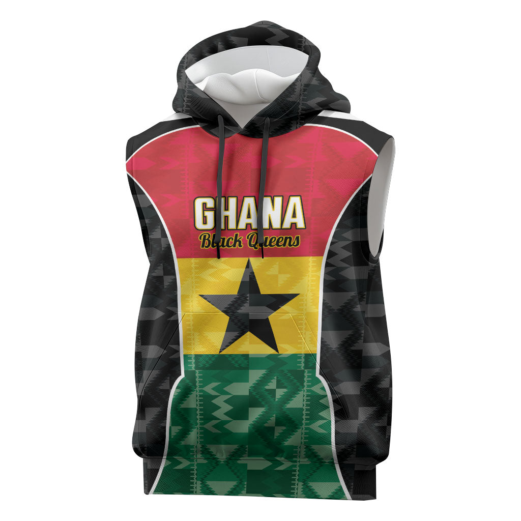 Ghana Football Custom Sleeveless Hoodie Go Black Queens Kente Pattern