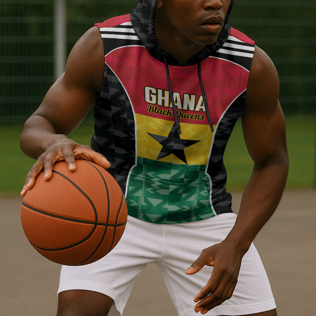 Ghana Football Custom Sleeveless Hoodie Go Black Queens Kente Pattern