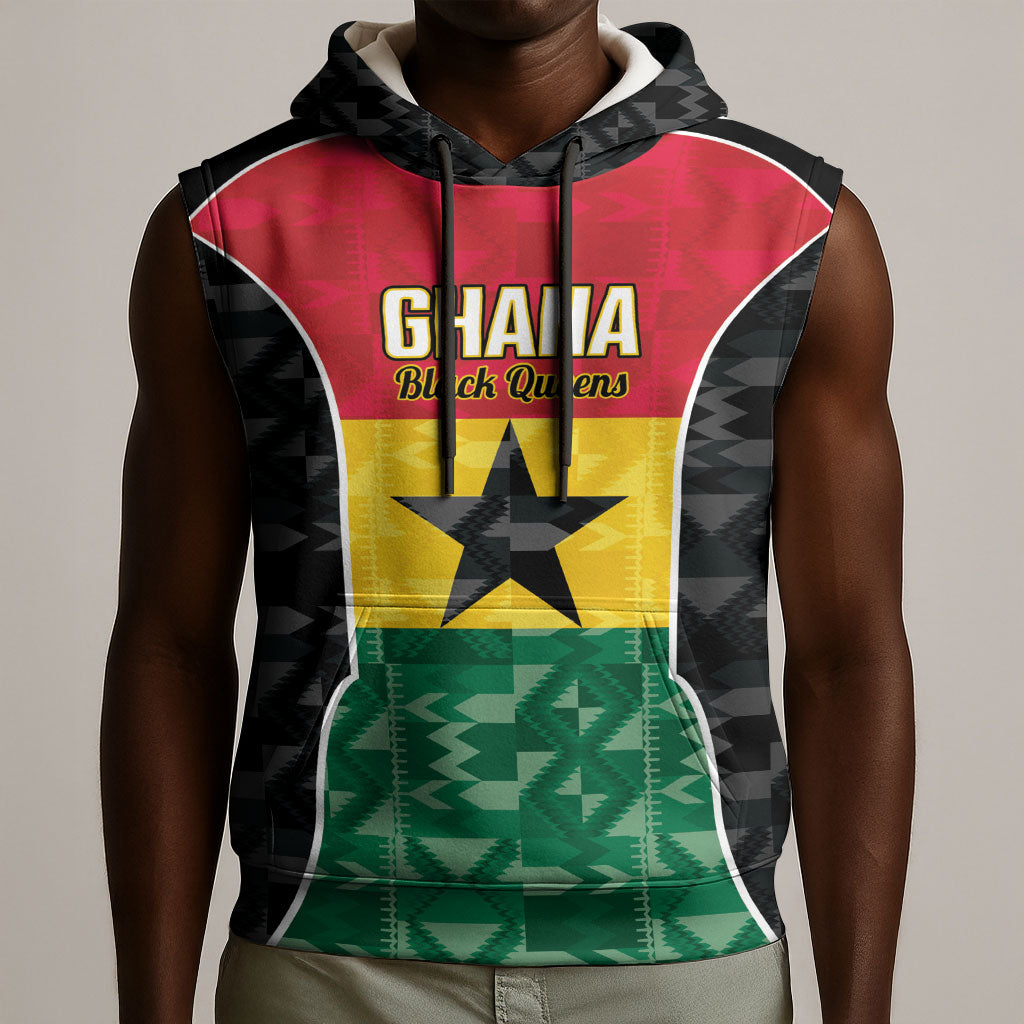 Ghana Football Custom Sleeveless Hoodie Go Black Queens Kente Pattern