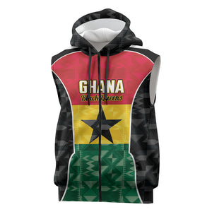 Ghana Football Custom Sleeveless Zip Hoodie Go Black Queens Kente Pattern