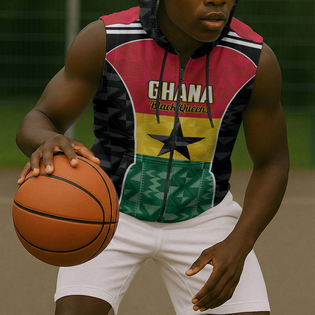 Ghana Football Custom Sleeveless Zip Hoodie Go Black Queens Kente Pattern