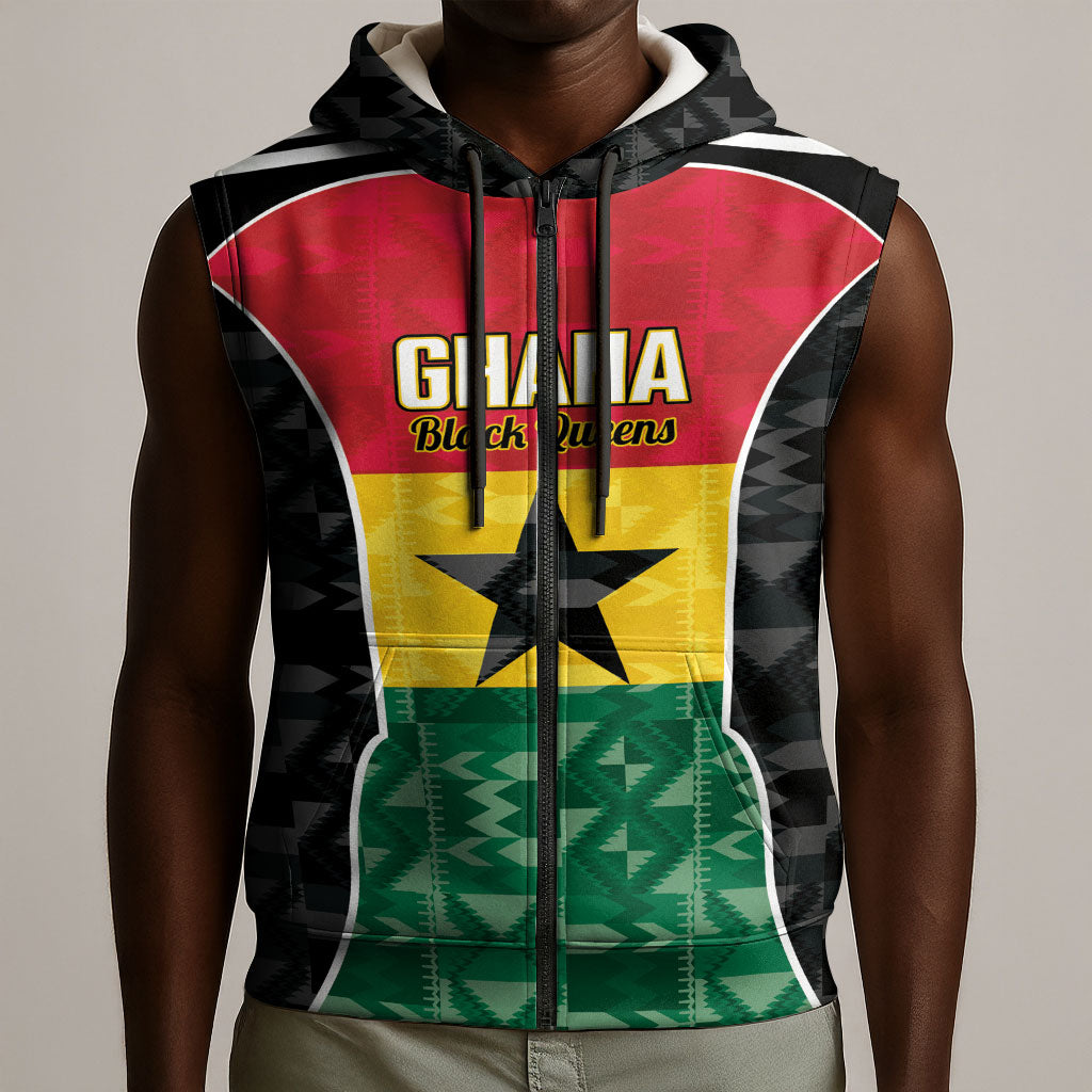 Ghana Football Custom Sleeveless Zip Hoodie Go Black Queens Kente Pattern