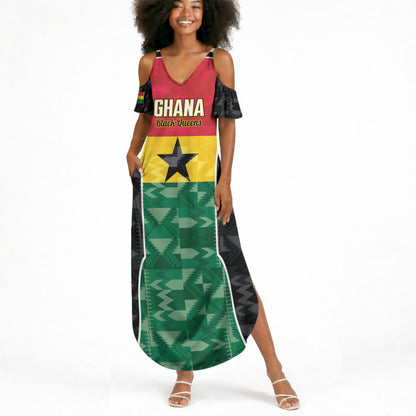 Ghana Football Custom Summer Maxi Dress Go Black Queens Kente Pattern