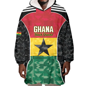 Ghana Football Custom Wearable Blanket Hoodie Go Black Queens Kente Pattern