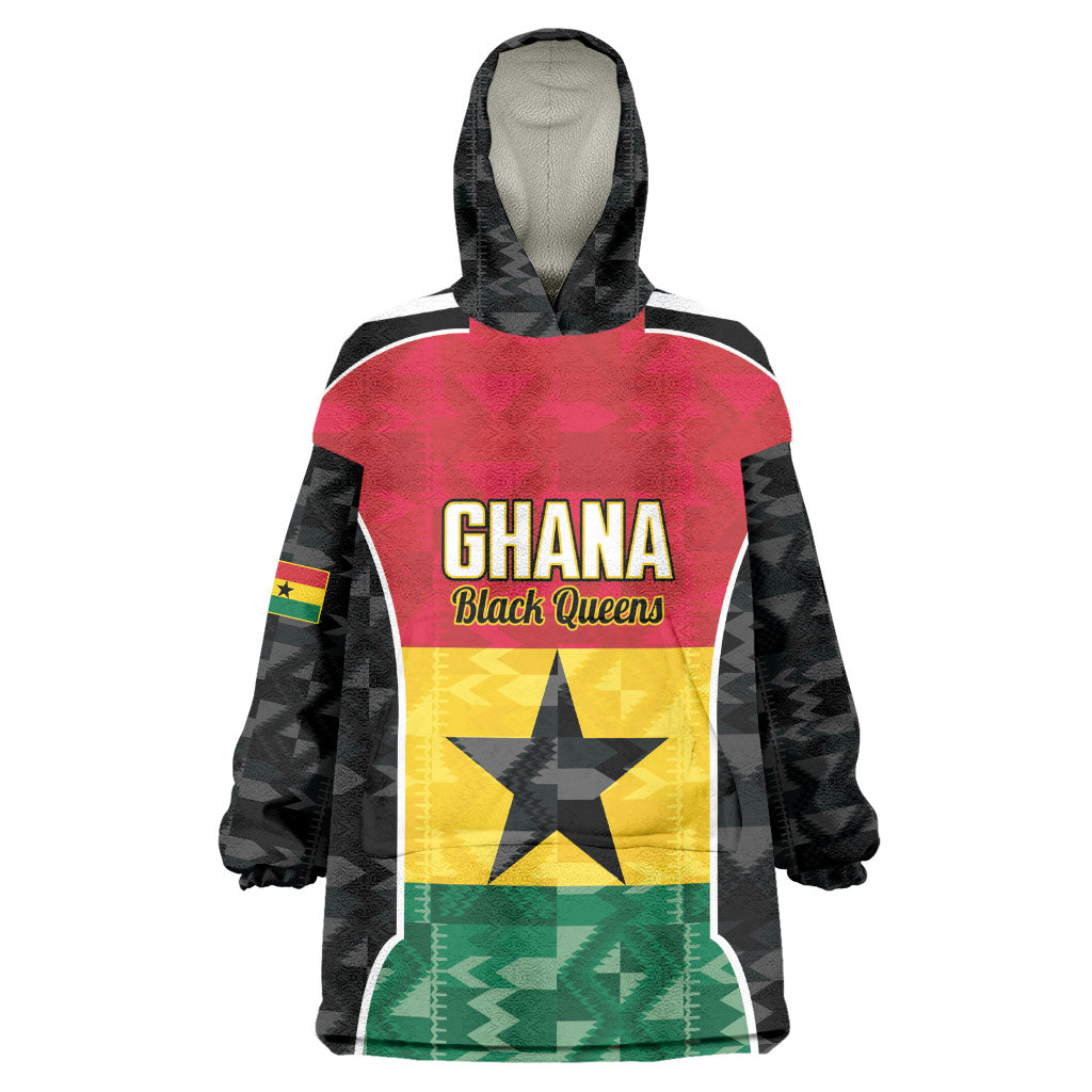 Ghana Football Custom Wearable Blanket Hoodie Go Black Queens Kente Pattern