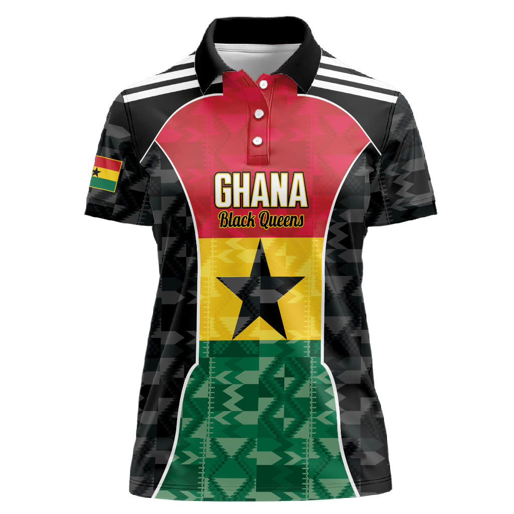 Ghana Football Custom Women Polo Shirt Go Black Queens Kente Pattern