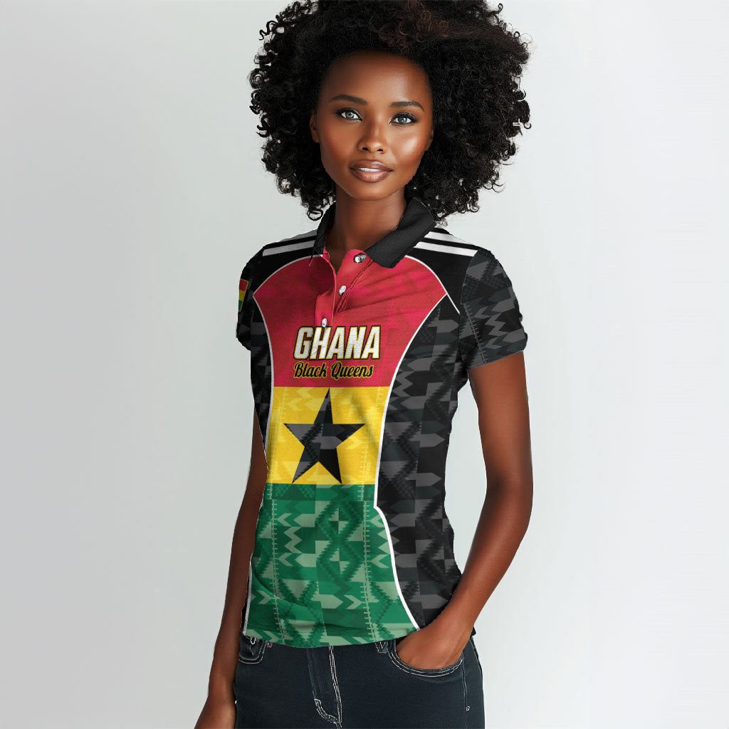 Ghana Football Custom Women Polo Shirt Go Black Queens Kente Pattern