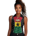 Ghana Football Custom Women Sleeveless Polo Shirt Go Black Queens Kente Pattern