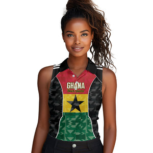 Ghana Football Custom Women Sleeveless Polo Shirt Go Black Queens Kente Pattern