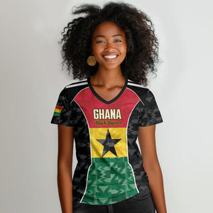 Ghana Football Custom Women V-Neck T-Shirt Go Black Queens Kente Pattern