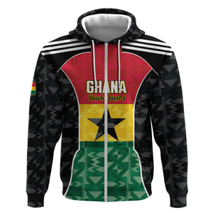 Ghana Football Custom Zip Hoodie Go Black Queens Kente Pattern