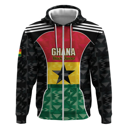 Ghana Football Custom Zip Hoodie Go Black Queens Kente Pattern