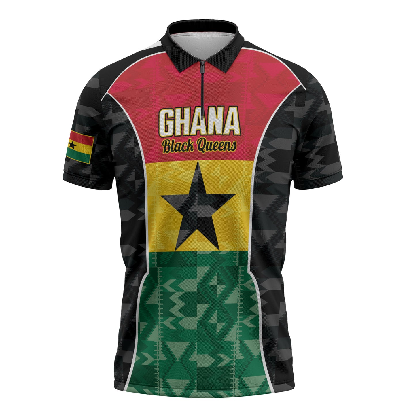 Ghana Football Custom Zipper Polo Shirt Go Black Queens Kente Pattern