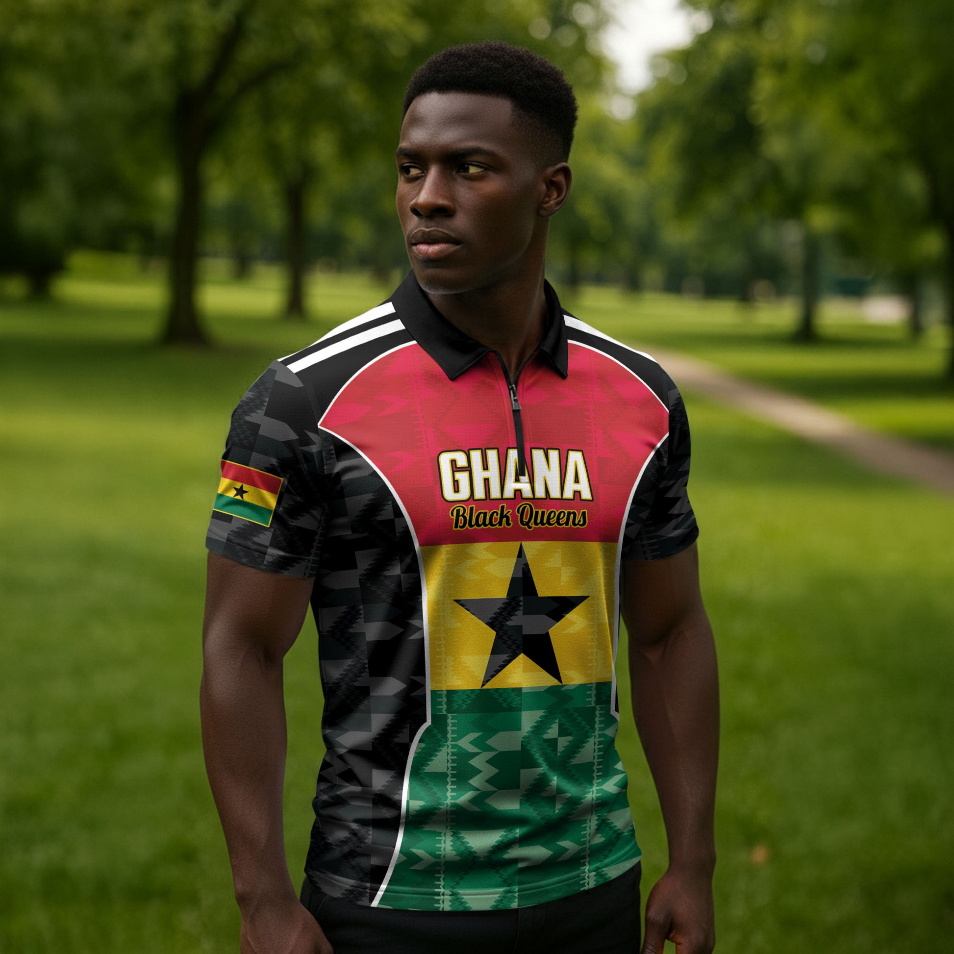 Ghana Football Custom Zipper Polo Shirt Go Black Queens Kente Pattern