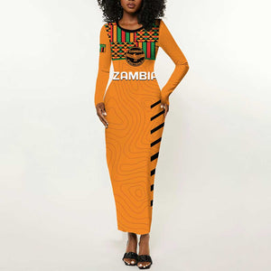 Custom Zambia Football Long Sleeve Bodycon Dress Copper Queens Kente Pattern LT14