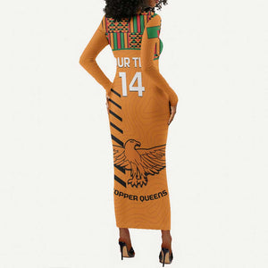 Custom Zambia Football Long Sleeve Bodycon Dress Copper Queens Kente Pattern LT14