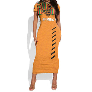 Custom Zambia Football Short Sleeve Bodycon Dress Copper Queens Kente Pattern LT14
