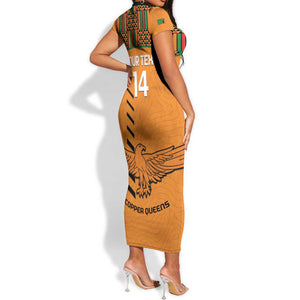 Custom Zambia Football Short Sleeve Bodycon Dress Copper Queens Kente Pattern LT14