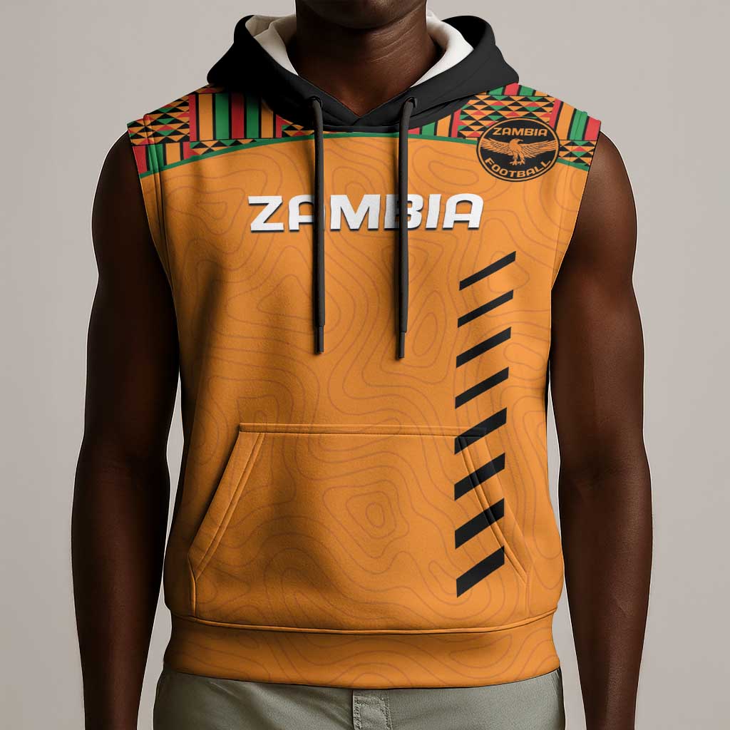 Custom Zambia Football Sleeveless Hoodie Copper Queens Kente Pattern - African Pride