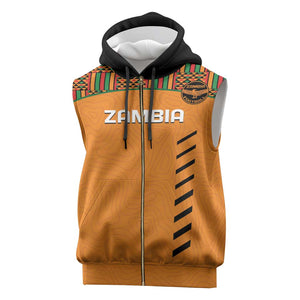 Custom Zambia Football Sleeveless Zip Hoodie Copper Queens Kente Pattern - African Pride