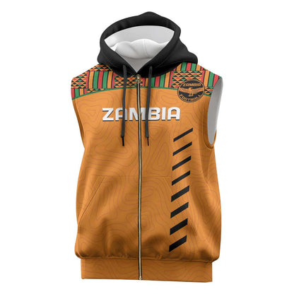 Custom Zambia Football Sleeveless Zip Hoodie Copper Queens Kente Pattern - African Pride