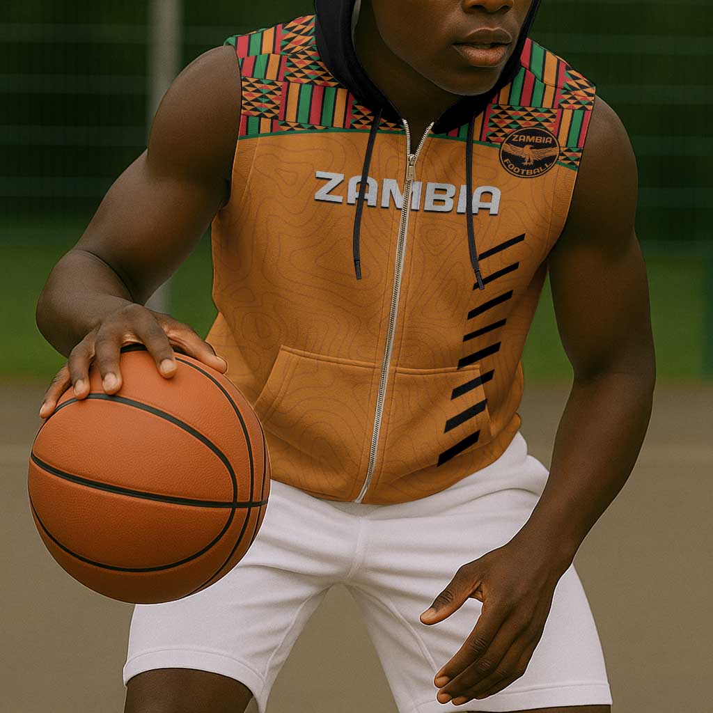 Custom Zambia Football Sleeveless Zip Hoodie Copper Queens Kente Pattern - African Pride